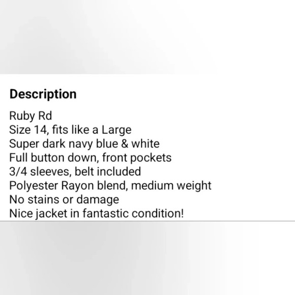 RUBY RD Women's Large(14)Belted Jacket Navy White‎ - Picture 9 of 9